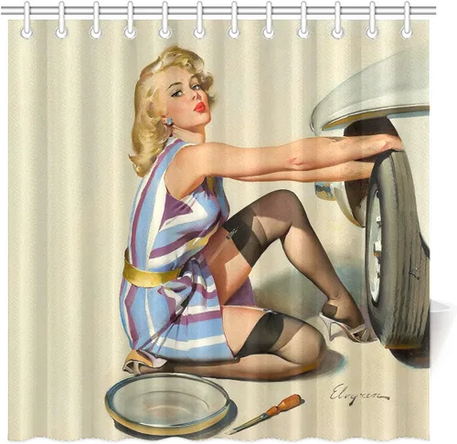 Vista 6 de FUNNY KIDS' HOME Cortinas de ducha retro con pin up para baño, pintura al óleo, arte de lienzo, decoración de baño, sexy dama bañándose