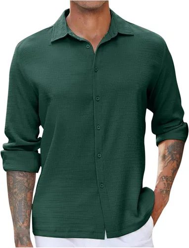 Vista 5 de Camisas de vestir para hombre, sin arrugas, ajuste regular, de manga larga, con botones, casual, a la moda, con cuello sólido