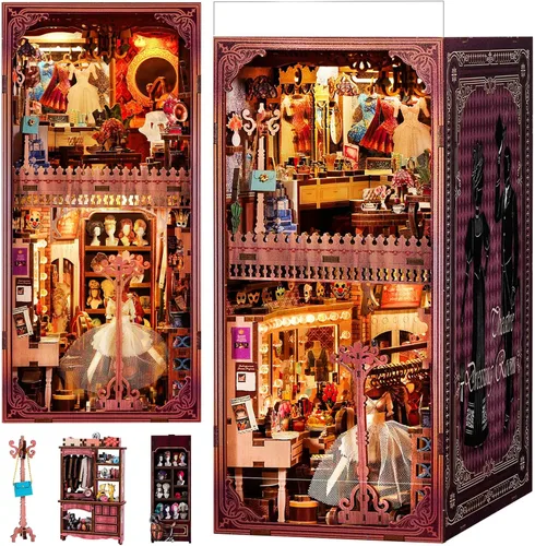 Vista 11 de fifijoy Kit de rincón de libros, casa de muñecas en miniatura para adultos y adolescentes, rompecabezas de madera 3D con luz LED, decoración retro