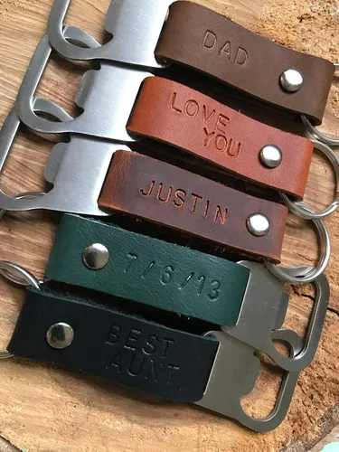 Vista 3 de Personalized Bottle Opener Keychain Leather - 3rd Anniversary Gift, Gift for Him, Father's Day Present