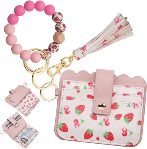 Vista 13 de Cartera de pulsera para mujer con llavero – Tarjetero RFID pequeña cartera con llavero Beige