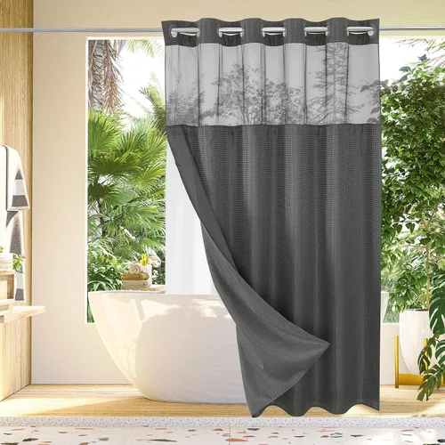 Vista 41 de Gibelle: cortina de ducha pequeña para baño de 36x74, cortina de ducha de punto gofre con juego de forro de tela a presión, no necesita ganchos
