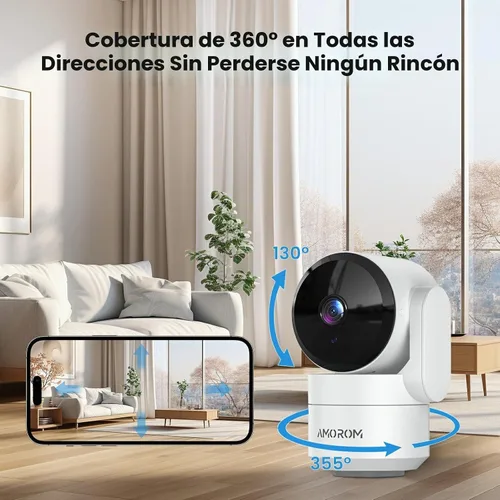 Vista 2 de AMOROM Cámara de seguridad para interiores 360° con panorámica/inclinación, monitor para mascotas, perros y bebés, visión nocturna HD 1080P