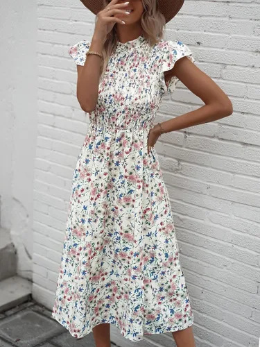 Vista 5 de Milumia Vestido midi fluido con mangas casquillo fruncidas y cuello con lazo y dobladillo con volantes para mujer