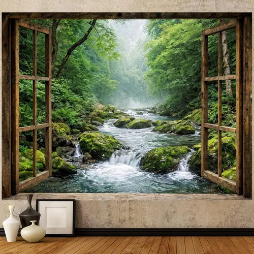 Vista 9 de Sanzugh - Tapiz de pared de playa del océano, arte de ventana falsa de naturaleza del mar de Hawái, tapices para colgar en dormitorio, dormitorio