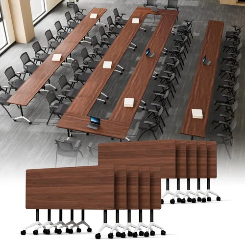 Vista 14 de Mesa de conferencias plegable, mesa modular moderna para sala de conferencias con ruedas para 8-16 personas, mesas de entrenamiento plegables