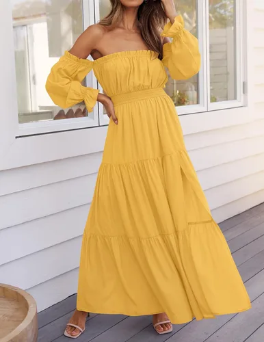 Vista 106 de ZESICA - Vestido largo, bohemio y sexy, con hombros descubiertos y manga larga fruncida, con elástico fruncido, cintura alta y abertura lateral