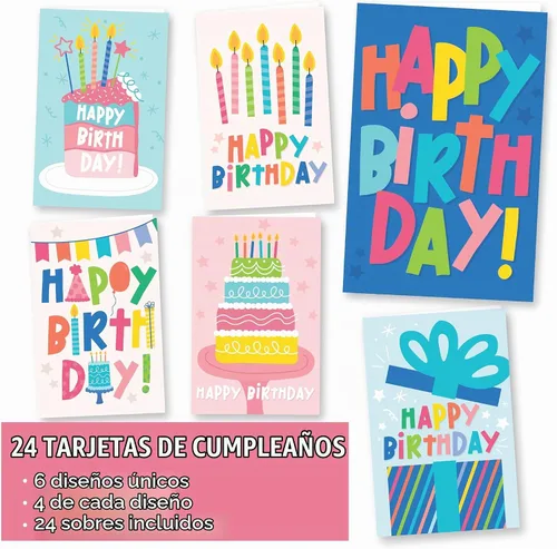 Vista 3 de 24 tarjetas de cumpleaños a granel con sobres, tarjetas de feliz cumpleaños Pastel colorido 24 piezas