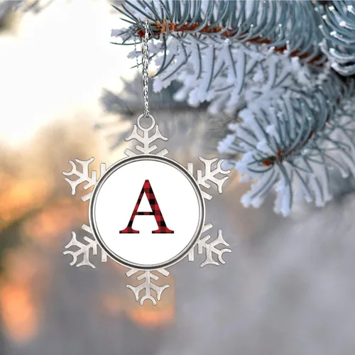 Vista 2 de Monograma inicial letra A copo de nieve, adornos de letras rojas y negras a cuadros para árboles de Navidad, adornos de Navidad personalizados