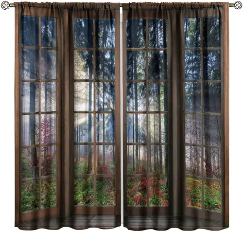 Vista 21 de Cortinas con Vista Natural, Estampado de Patrón de Río y Bosque Hermoso para Ventana, Cortinas Oscuras Aisladas para Dormitorio o Sala de 2 Paneles