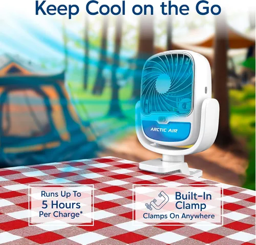 Vista 7 de Arctic Air Grip Go Enfriador evaporativo, ventilador inalámbrico y portátil con 3 velocidades, abrazadera universal giratoria de 360 grados, carga