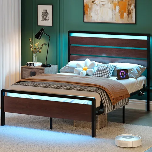 Vista 16 de VINGLI Base de cama de plataforma individual con cabecero y estribo LED, estación de carga USB, cama de panel de metal con espacio de almacenamiento
