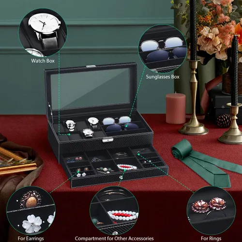 Vista 4 de TomCare Caja de reloj organizador de reloj con patrón de tejido joyero con cerradura con cajón soporte para gafas de sol aretes organizador de joyas