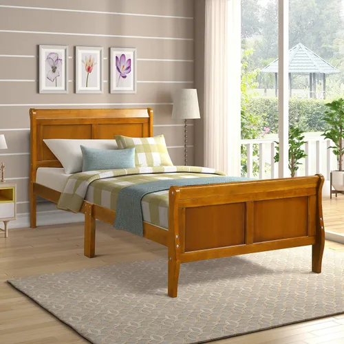 Vista 12 de Base de cama de trineo de madera individual, cama de plataforma con cabecero y estribo, listones de madera, no necesita somier, diseño resistente