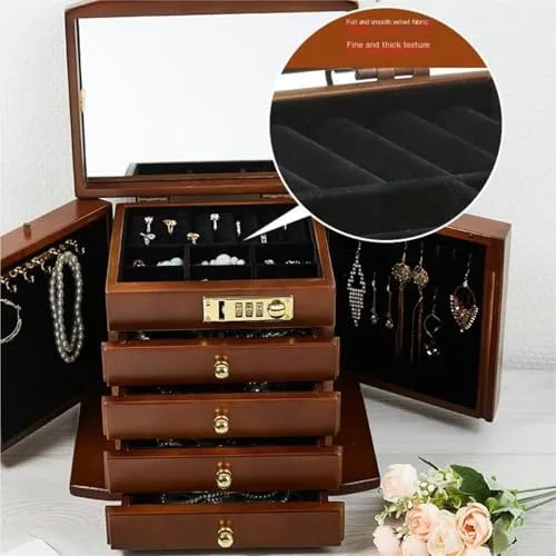 Vista 5 de Solid Wood Jewelry Box with Lock - Large Capacity Multifunctional Storage Display Box for Wedding & Birthday, Retro Design, Lid Included