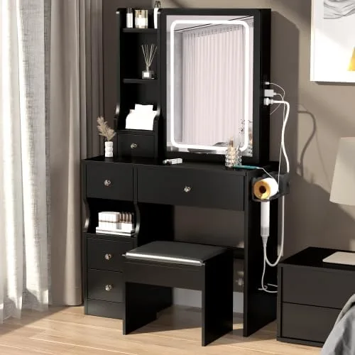 Vista 2 de Escritorio de maquillaje con espejo abatible y taburete, moderno juego de mesa de maquillaje, 2 potencias de CA y 2 puertos USB, juego de tocador