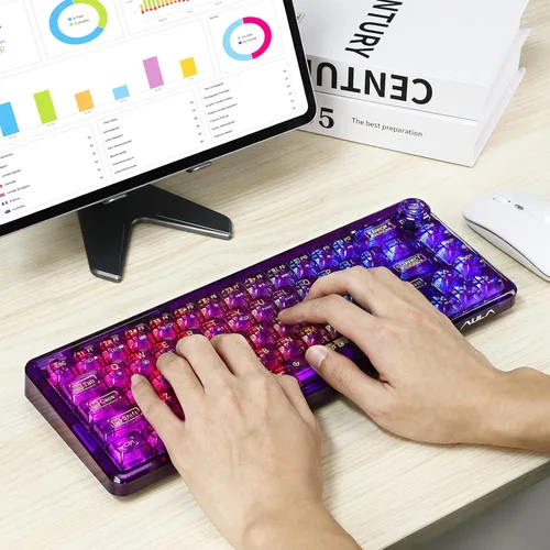 Vista 7 de CC MALL 60% Portable Transparent Gasket Mechanical Gaming Keyboard,RGB Backlit Compact 68 Clear Keycaps,Include 2.4GhzBluetoothUSB-C Connections,Ice