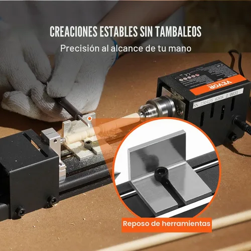 Vista 3 de VEVOR Mini máquina de torno, 7 cm x 16 cm, Mini herramientas de torno para madera de 24VDC 96W, accesorios de máquina de fresado, 7 velocidades
