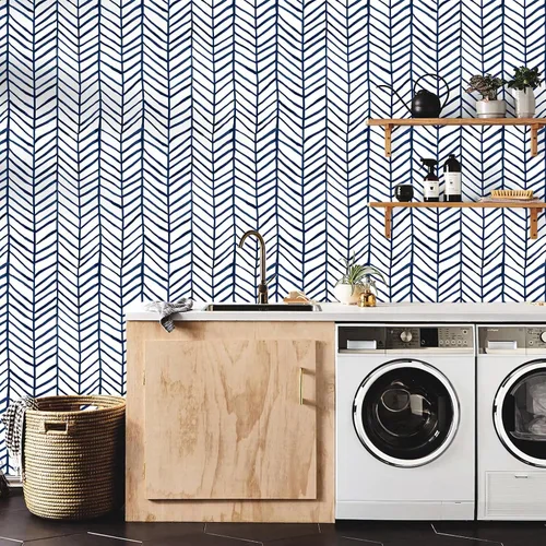 Vista 6 de HAOKHOME Papel tapiz azul marino para despegar y pegar, diseño moderno a rayas para baño, decoración extraíble de espiga de 17.7 pulgadas x 9.8 pies