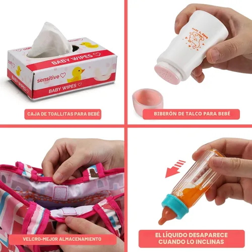 Vista 3 de Paquete de 14 accesorios para muñecas de bebé, juego de alimentación y cuidado de muñecas que incluye bolsa de pañales, pañales para muñecas