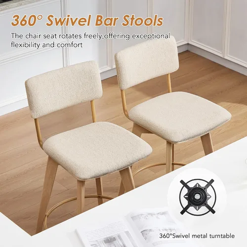 Vista 6 de ONEVOG Juego de 2 taburetes de bar giratorios de madera de 26 pulgadas de altura de mostrador, modernas sillas altas tapizadas para isla de cocina