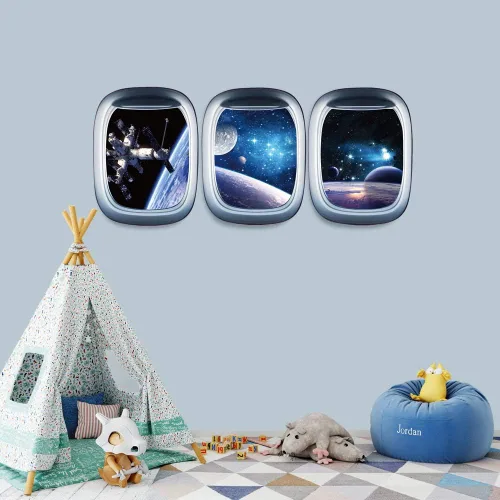 Vista 3 de Adhesivos de pared 3D de cápsula espacial para ventana, universo, espacio exterior, despegar y pegar, calcomanía de astronauta extraíble