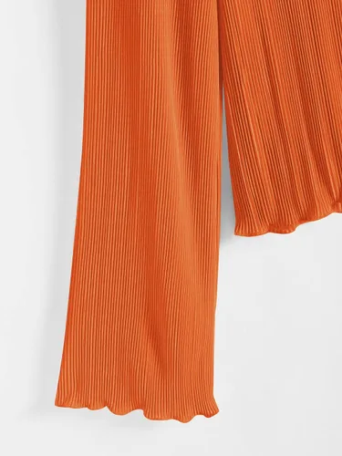 Vista 8 de ZAFUL Blusa plisada de manga larga con cuello en V profundo y lazo frontal para mujer