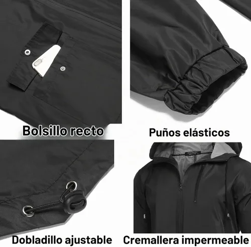 Vista 5 de COOFANDY Chubasquero largo para hombre ligero, chaqueta impermeable para lluvia, chaquetas impermeables para exteriores con capucha Negro