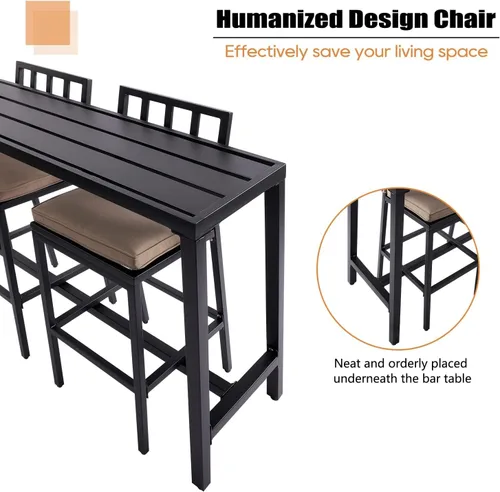 Vista 5 de Sillas y mesa de bar para exteriores, juego de bar de metal para patio, 3 piezas con taburetes y cojines, patio trasero, porche, bistró, balcón Negro