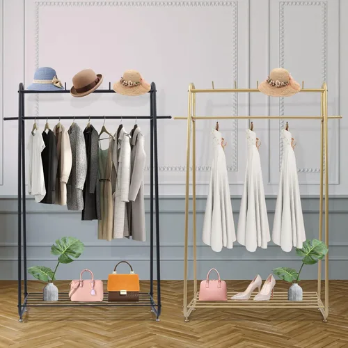 Vista 3 de Perchero de ropa resistente para dormitorio, sala de estar, perchero independiente de acero de estilo moderno con estantes, armario, color negro