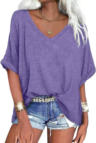Vista 33 de UNCLECAT Camisetas de gran tamaño con cuello en V para mujer, camisas de manga corta de verano, holgadas, casuales