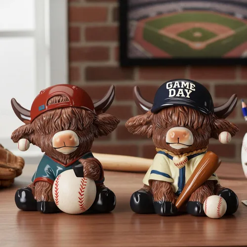 Vista 5 de Wesiti 2 figuras de vaca de las tierras altas de béisbol, bonita estatua deportiva de resina con murciélago y pelota, regalos para fanáticos