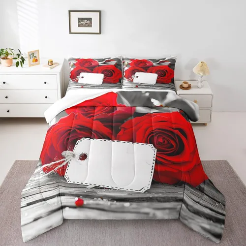 Vista 22 de Juego de edredón de rosas rojas, tamaño individual, juego de ropa de cama floral rojo degradado negro para niñas, mujeres, niños, adolescentes
