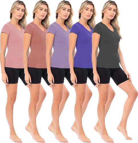Vista 3 de Sexy Basics Paquete de 5 y 10 camisas de manga corta con cuello en V elástico de algodón casual y activo para mujer