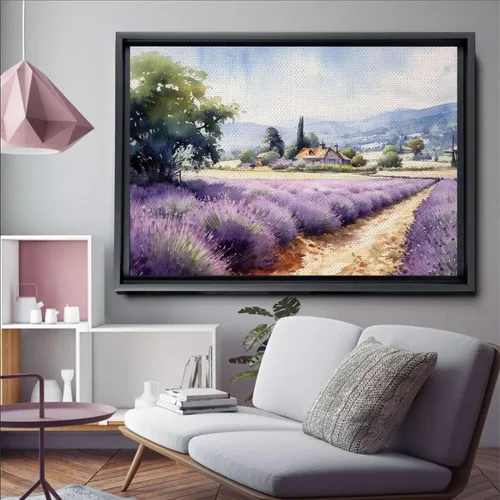 Vista 3 de Fields of Lavender, Watercolor Provence Landscape and Lavender Field - Watercolor Painting of Serene Beauty