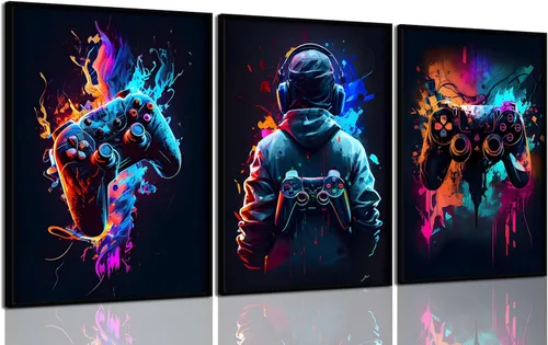 Vista 9 de 3 piezas de arte de pared de videojuegos geniales retro acuarela pósters cuadros coloridos neón gamepad lienzo pintura impresiones para habitación