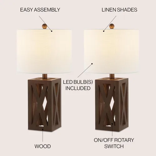 Vista 3 de JONATHAN Y Lámpara de mesa de madera de granja marrón de 21.5 pulgadas para mesita de noche y sala de estar, pantalla de tambor de lino blanco