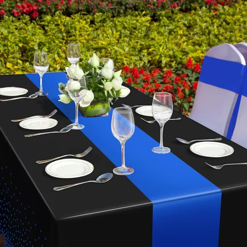 Vista 6 de MASHAN 1 mantel negro y azul para decoración de fiesta, mantel de plástico negro impreso azul, funda rectangular desechable para cumpleaños, boda