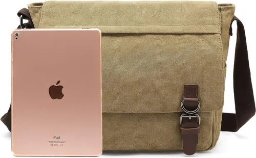 Vista 6 de Sechunk Bolso de mensajero vintage de lona, bolso de hombro de cuero grande de viaje, bolsos cruzados para hombres y mujeres 15 pulgadas portátil
