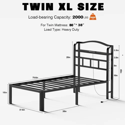Vista 2 de Base de cama Individual XL con cabecera, base de colchón de metal, armazón de cama de 18 pulgadas de alto, no necesita somier, base de cama de 46 cm