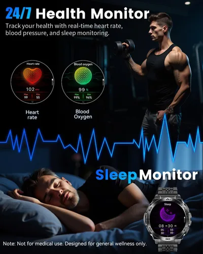 Vista 5 de Military Smart Watch for Men (2 Bands), AMOLED Rugged Tactical Smartwatch with Flashlight & Bluetooth Call, Waterproof Fitness Tracker with 116