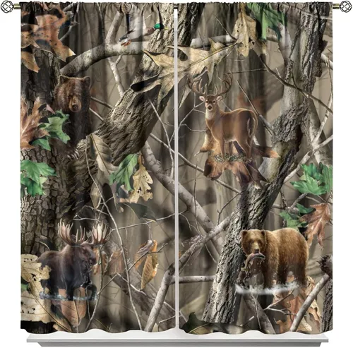 Vista 42 de Cortinas opacas de camuflaje de bosque, animales salvajes, osos, ciervos, alces, con bolsillo para barra, para sala de estar, dormitorio, decoración