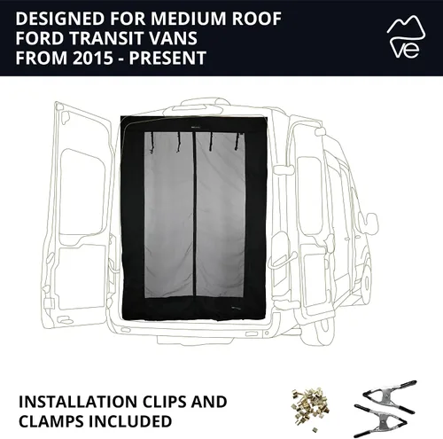 Vista 5 de VanEssential Rejilla completa de malla para puerta trasera, diseñada para furgonetas Ford Transit con techo medio SÓLO - Cierre con cremallera