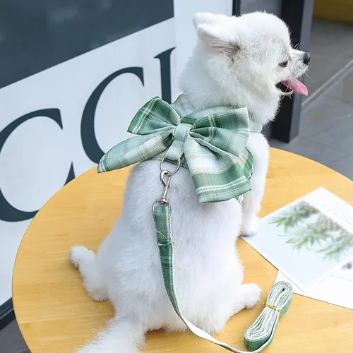 Vista 20 de Juego de arnés y correa para perro, lindo arnés a cuadros con pajarita para cachorro y gato, chaleco ajustable para gatitos para mascotas, arnés
