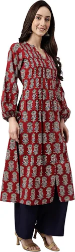 Vista 6 de Janasya Kurta acampanada de algodón granate, con estampado floral, para mujer india