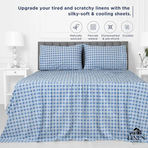 Vista 2 de Linen Home - Juego de sábanas estampadas mezcla de algodón percal y lyocell, prelavadas, individual, 3 piezas, 1 encimera, 1 bajera de bolsillo