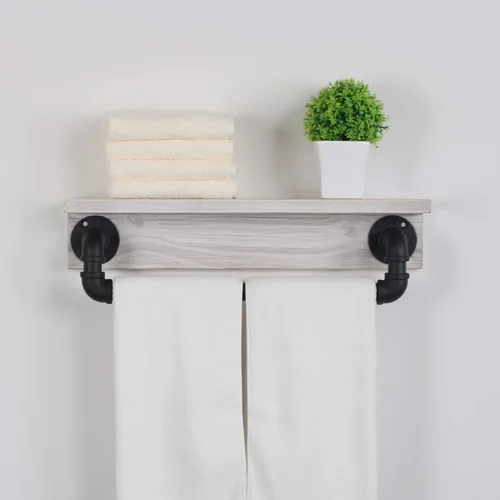 Vista 5 de MBQQ Estante de tubo industrial, estante de pared rústico con toallero, toalleros de granja de 20 pulgadas para baño, estantes flotantes montados