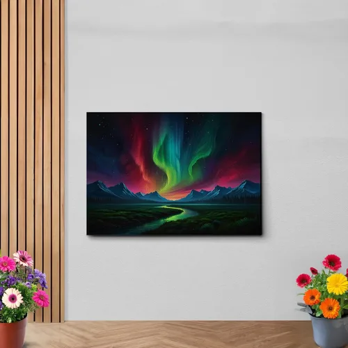 Vista 6 de Aurora Borealis, Northern Lights Art, framed canvas print, snow capped mountain landscape art, synthwave vaporwave, Home Decor, Wall