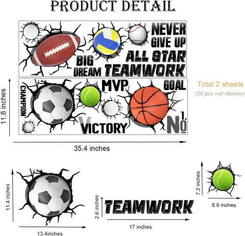 Vista 7 de YIMEHDAN Calcomanías de pared de pelotas deportivas 3D, fútbol, voleibol, rugby, baloncesto, tenis, vinilo para pared, diseño deportivo extraíble