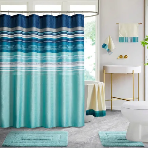 Vista 8 de WPM - Juego de alfombras de baño, toallas y cortina de ducha, juego de alfombras de baño con estampado de enrejado de color azul real